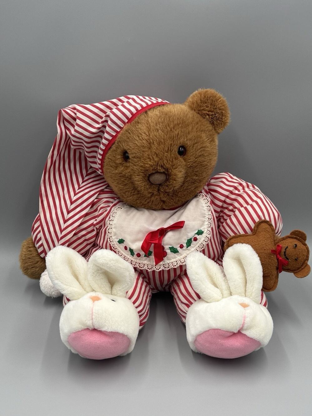 1992 Plush Creations BEAR Holding Teddy 15” Christmas Pajamas In Bunny Slippers
